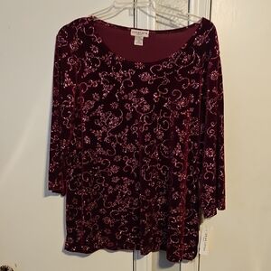 Notations Burgundy Velvet Floral Long Sleeve Top